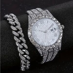 Sparkling Silver Women's Watch and Bracelet Set